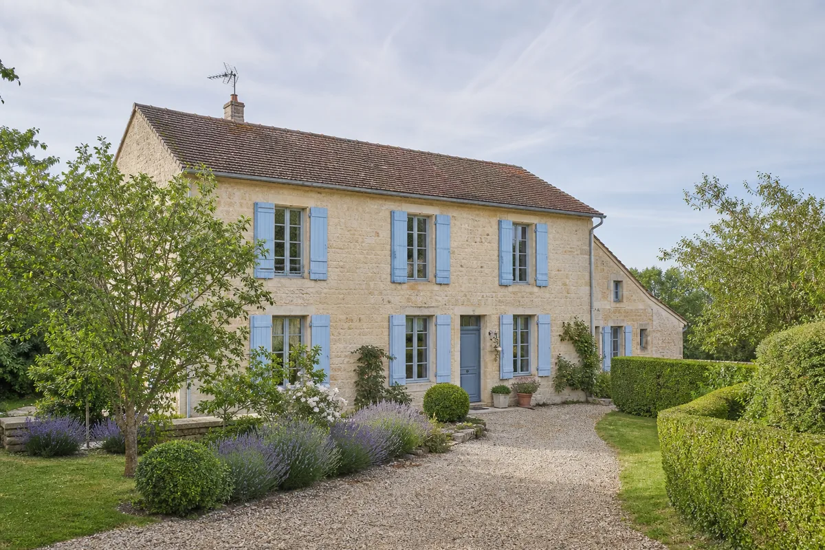 Maison de famille en pierre avec volets ouverts et jardin entretenu, symbole d’un patrimoine à transmettre