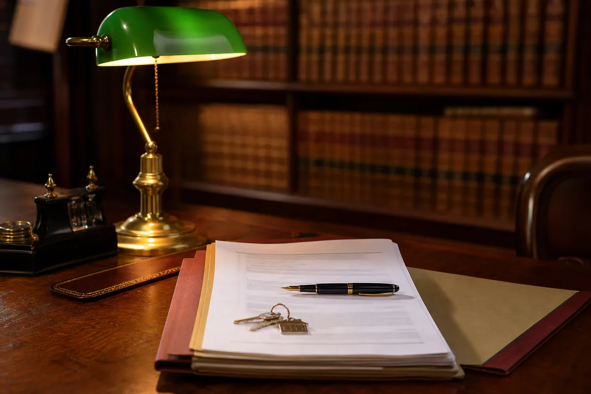 Bureau d’étude notariale avec dossier de donation ouvert, stylo plume et clés de maison posées sur la table