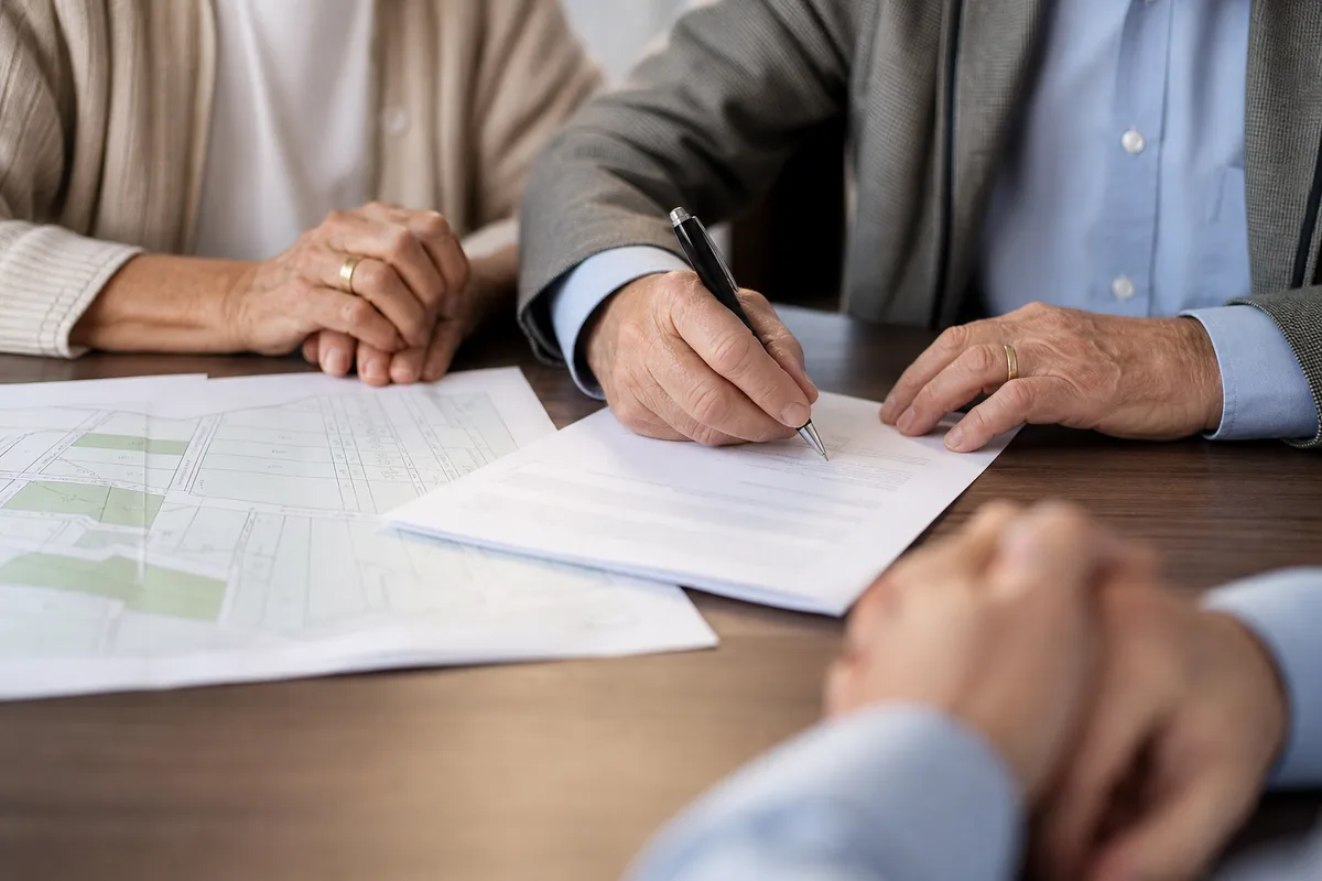 Mains d’un couple de seniors signant un acte devant des documents cadastraux, alliance visible, sans visage net