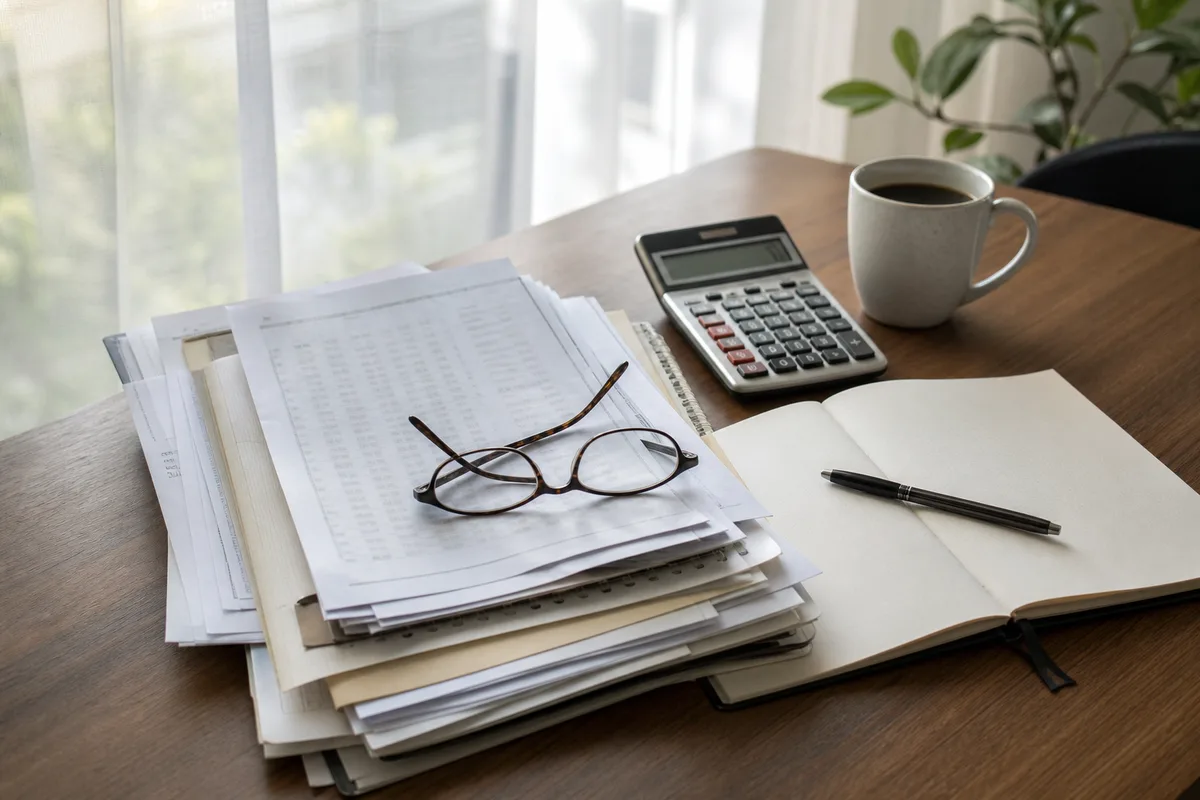 Documents patrimoniaux, calculatrice et lunettes posés sur un bureau en bois près d’une fenêtre lumineuse
