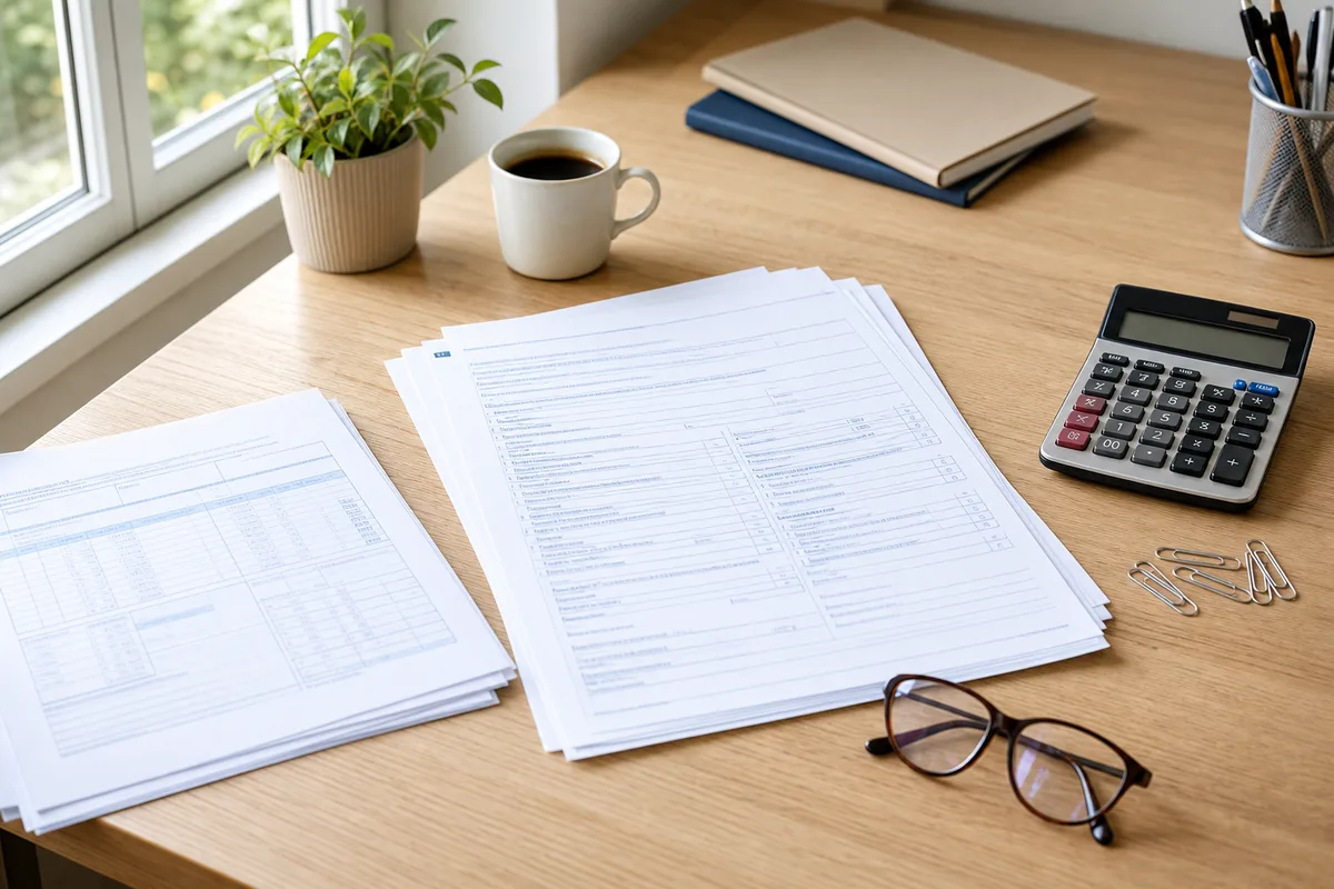 Documents fiscaux et calculatrice sur un bureau en bois, lumière naturelle