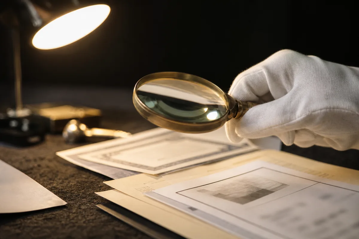 Main gantée examinant des documents d&rsquo;expertise à la loupe sur une table d&rsquo;étude