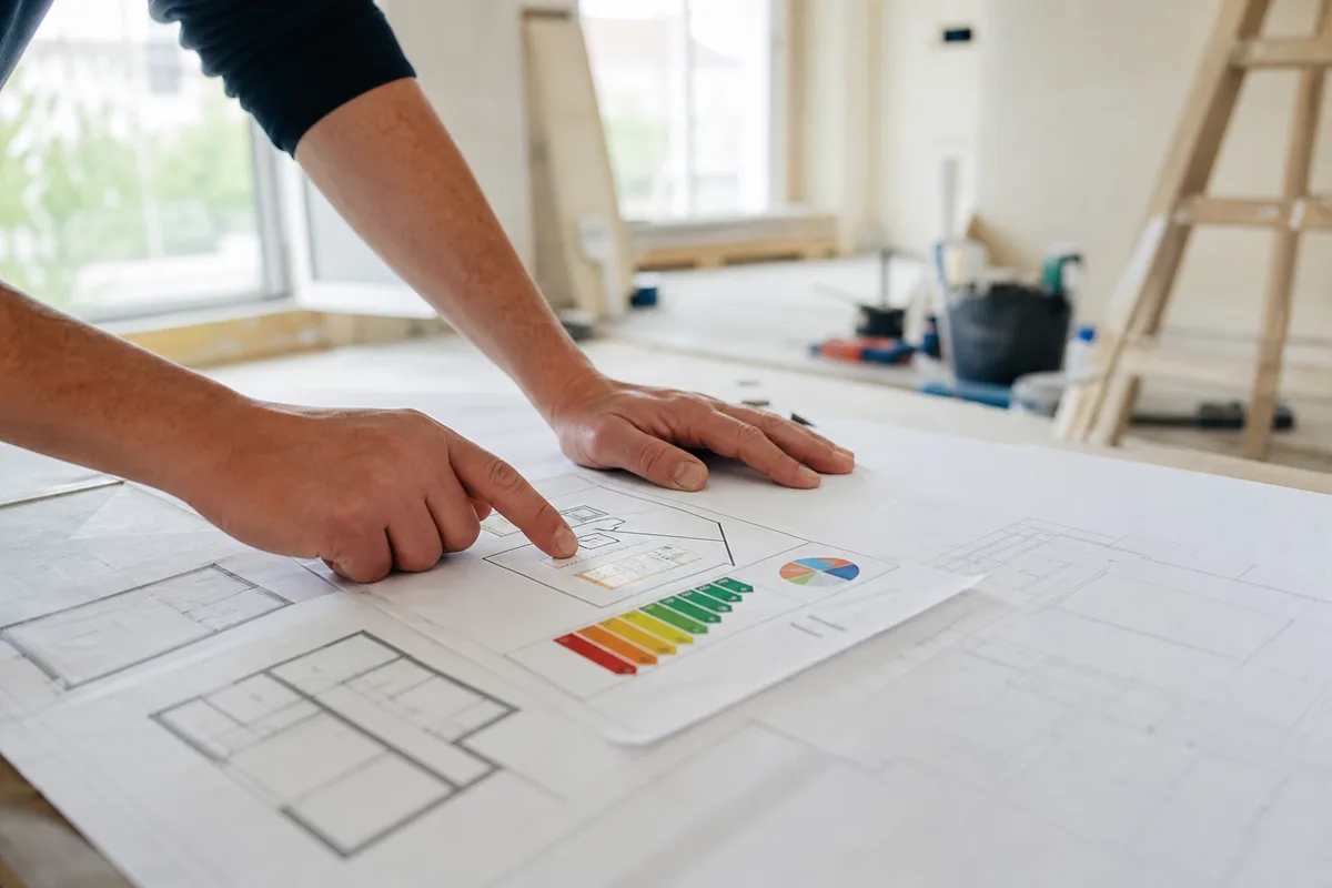 Mains posées sur des plans de travaux et un diagnostic énergétique dans un appartement en chantier