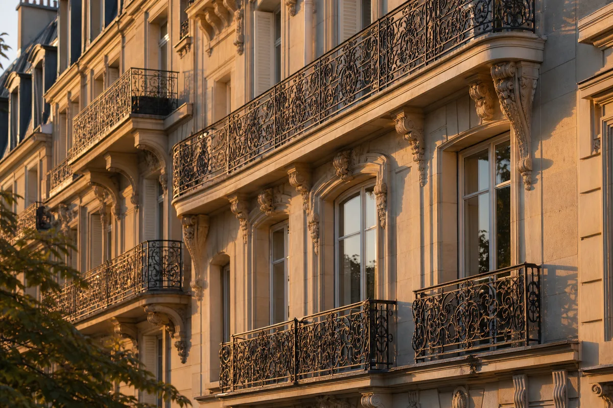Façade en pierre de taille d’un immeuble haussmannien restauré au coucher du soleil