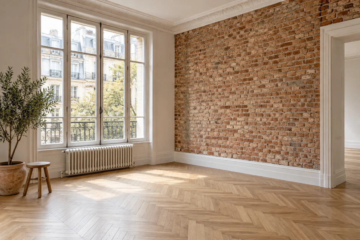 Intérieur d’un appartement rénové avec mur de brique apparente et parquet