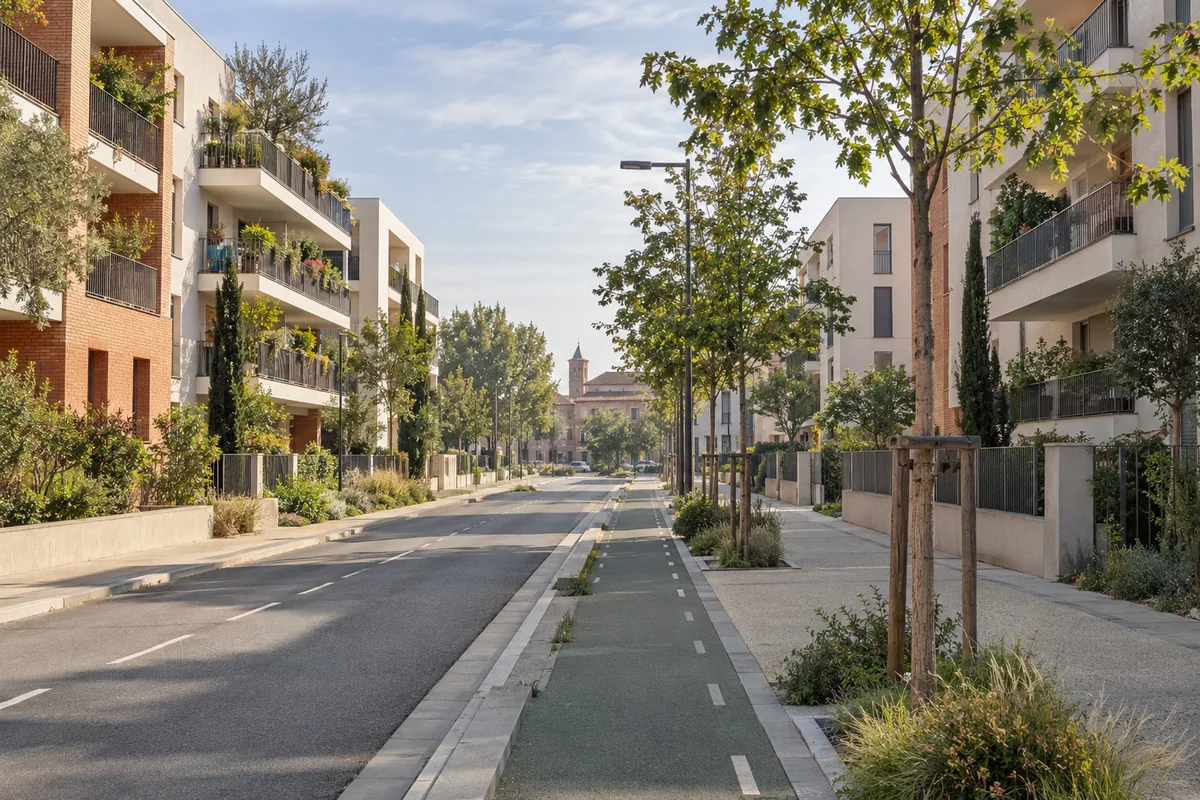 Rue résidentielle toulousaine bordée d’immeubles récents aux balcons plantés