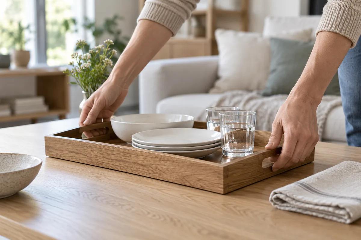 Mains posant un plateau en bois sur une table de salon dans un appartement clair