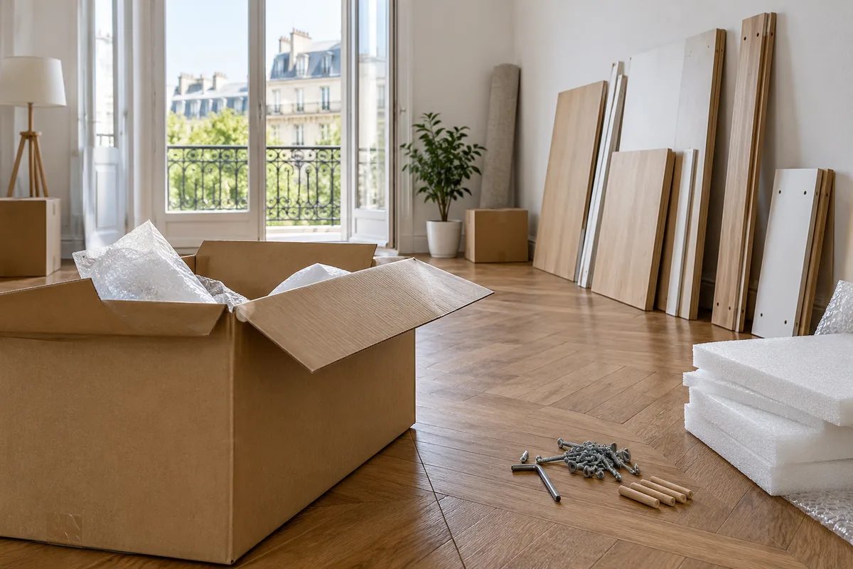 Carton d&rsquo;emménagement ouvert et pièces de mobilier en attente dans un séjour vide
