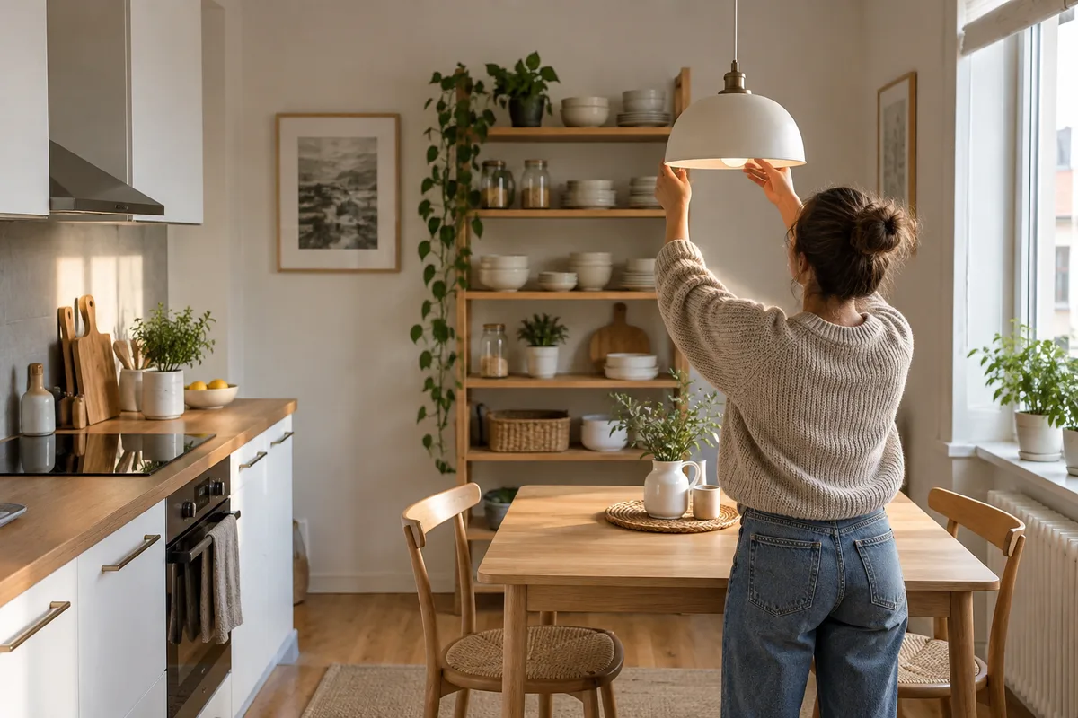 Vue de dos d&rsquo;une personne ajustant un luminaire au-dessus d&rsquo;une table de cuisine