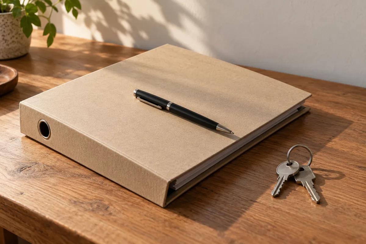 Classeur cartonné fermé, stylo et trousseau de clés sur un bureau en bois