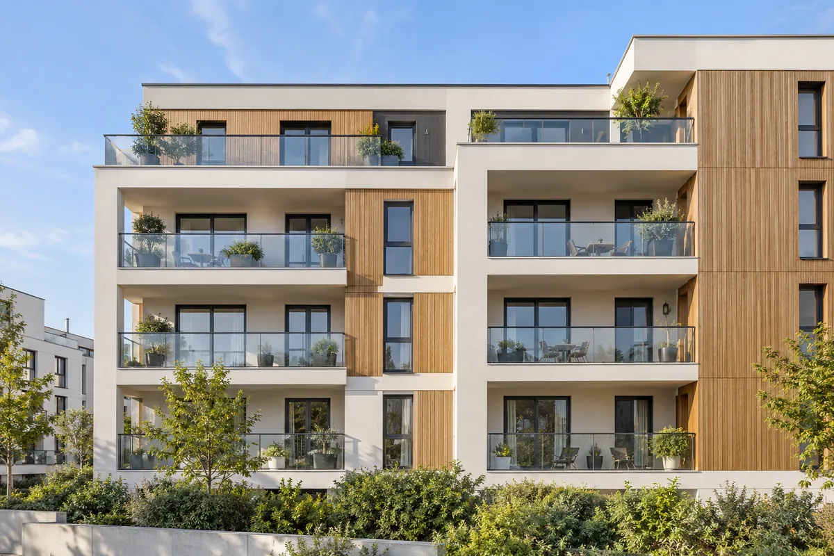 Façade d’une résidence récente aux balcons alignés sous un ciel clair