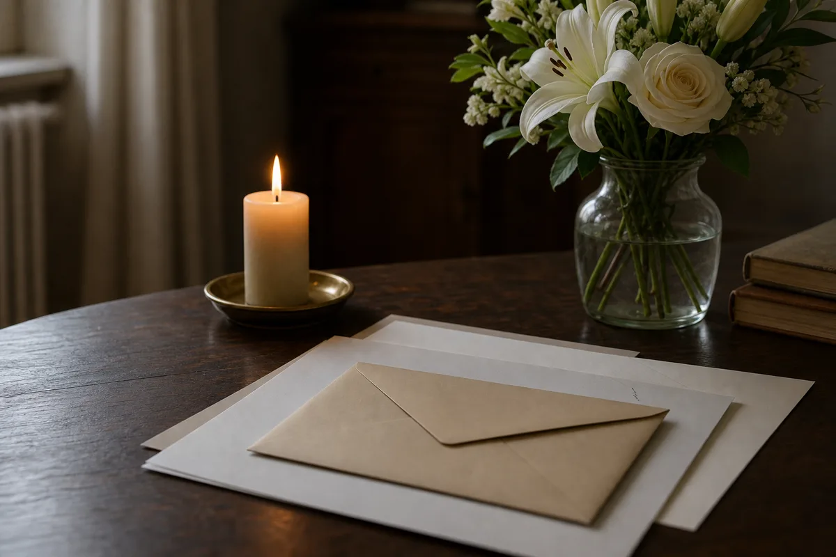Bougie allumée à côté de fleurs blanches et de documents administratifs sur une table sombre