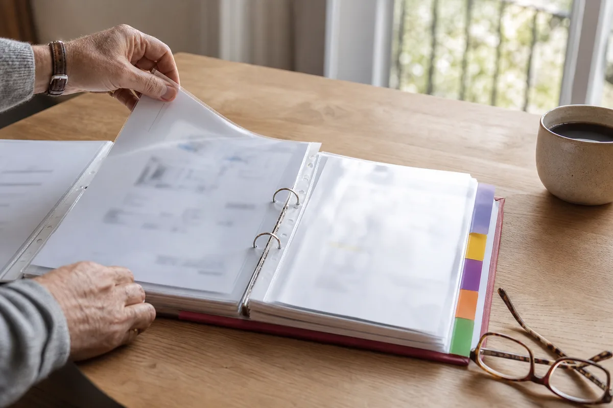 Classeur familial ouvert avec intercalaires étiquetés sur une table en bois clair