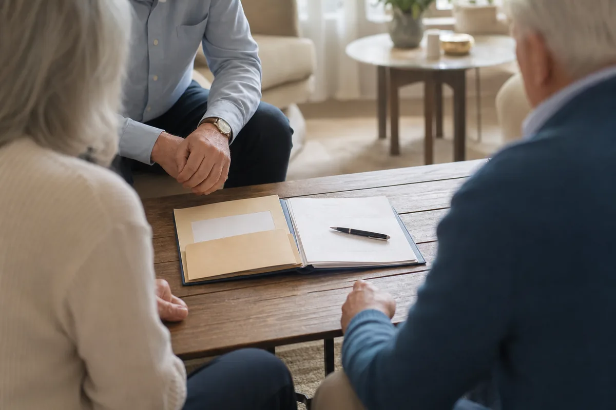 Un couple de seniors consulte des documents financiers à une table de salon, tasse de thé posée à côté