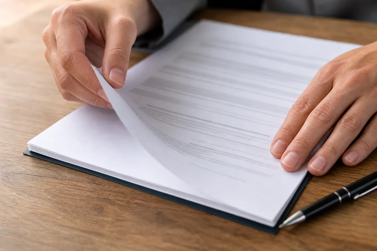 Gros plan sur des mains qui feuillettent un dossier de contrat, stylo posé à côté sur un bureau
